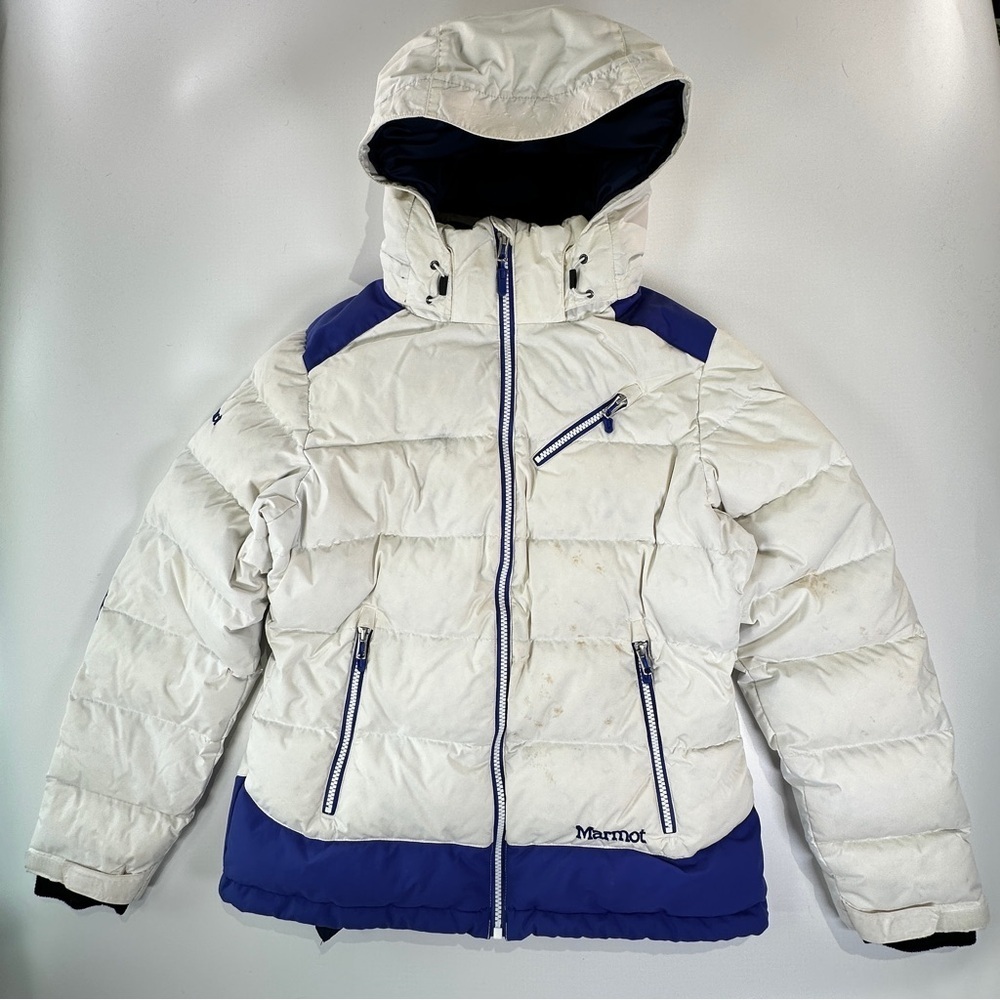 Marmot Men’s 700 Fill Down Jacket Hooded Winter Blue White Medium - Picture 2 of 16